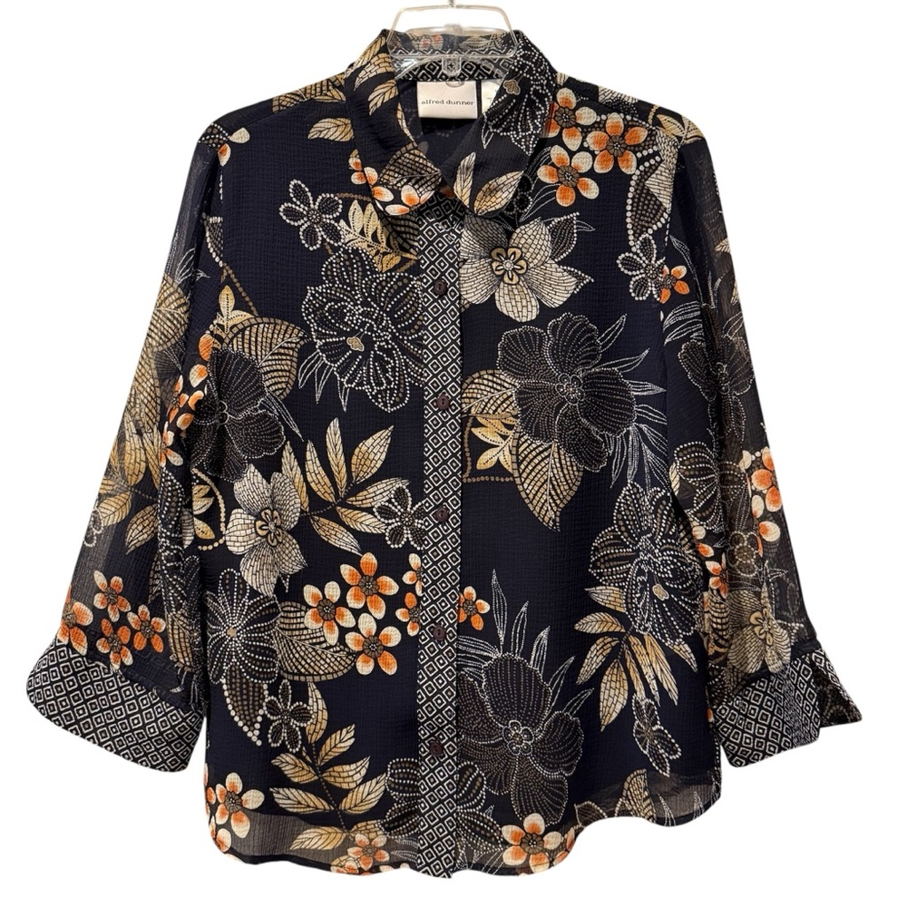 Alfredβ Dunner Long Sleeve Button Down Blouse Navy Rust Gold Floral Size 10